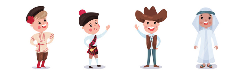 Funny Kid Boy Wear National Costume and Dress Vector Set