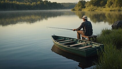 Illustrate a peaceful afternoon spent fishing on a tranquil lake.
