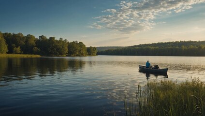 Illustrate a peaceful afternoon spent fishing on a tranquil lake.