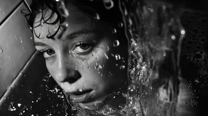 A woman is in a bathtub with water splashing all over her face