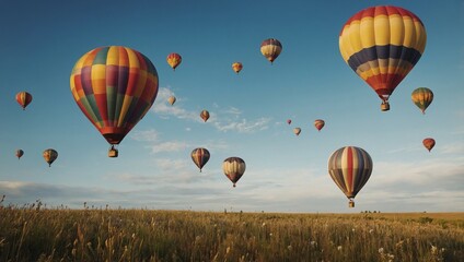 Fototapeta premium whimsical scene of hot air balloons drifting lazily across a clear summer sky.