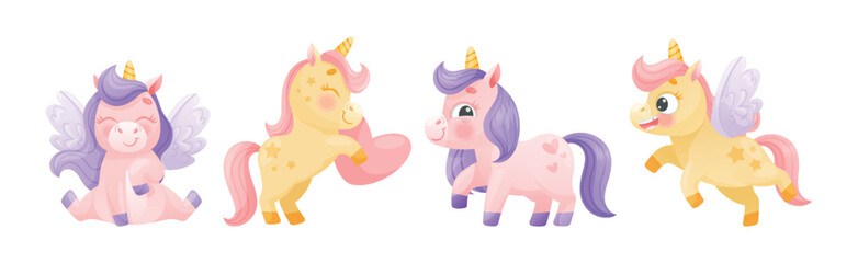 Cute Unicorn with Twisted Horn and Mane Engaged in Different Activity Vector Set
