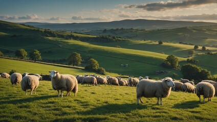 Fototapeta premium serene countryside landscape dotted with grazing sheep and rolling hills.