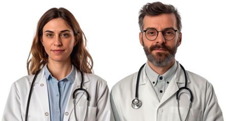 Upper body of female and male medical professional in white lab coat and stethoscope isolated on transparent background.