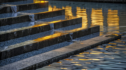 illuminated cascading water steps at sunset