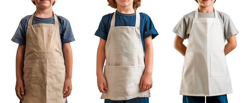 Three cut out little boys with hidden faces in chef outfit. Children wearingg apron isolated on transparent background.
