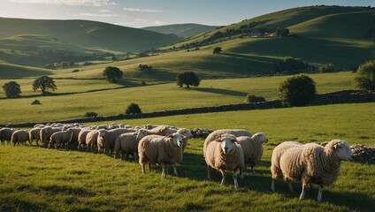 Obraz premium serene countryside landscape dotted with grazing sheep and rolling hills.