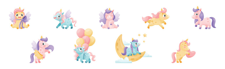 Cute Unicorn with Twisted Horn and Mane Engaged in Different Activity Vector Set