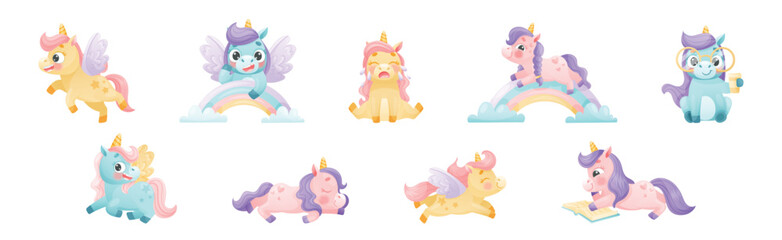 Cute Unicorn with Twisted Horn and Mane Engaged in Different Activity Vector Set