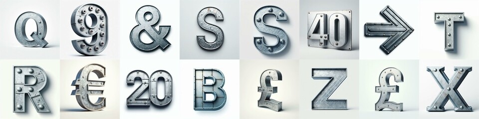 Galvanized steel Lettering Typeface. AI generated illustration