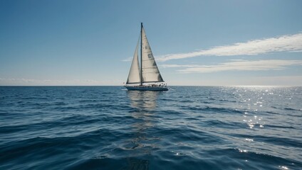 serene sailboat gliding across a calm, azure ocean under a cloudless sky.