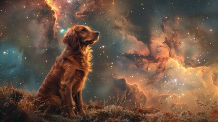 A golden retriever dog sits in awe against a backdrop of a vibrant cosmic nebula.