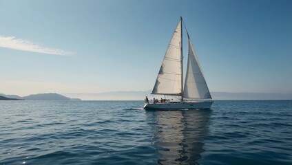Fototapeta premium serene sailboat gliding across a calm, azure ocean under a cloudless sky.