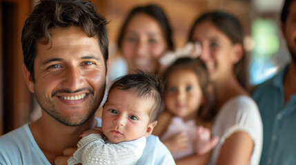 Hispanic father holding newborn baby in front of group
