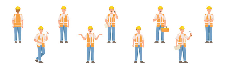 Man Builder Character in Hard Hat and Vest in Different Pose and Gesture Vector Set