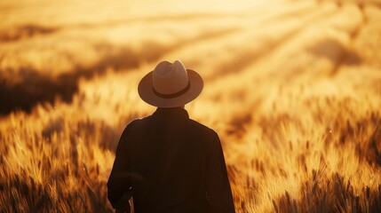A male farmer working in golden wheat field in farm land.