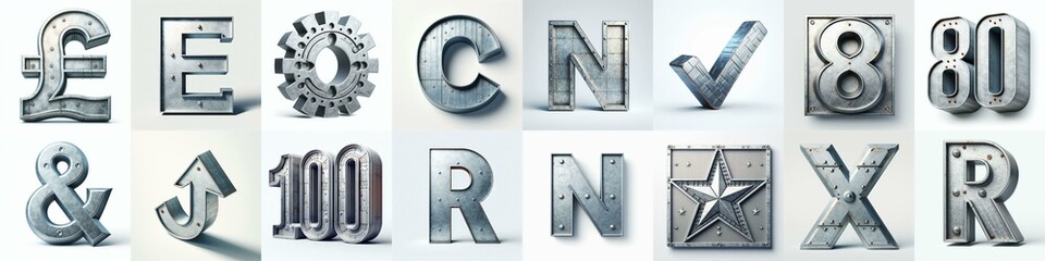 Galvanized steel Lettering Typeface. AI generated illustration