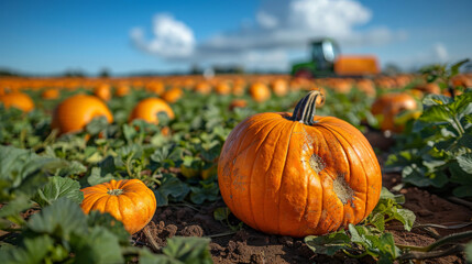 Tractor in pumpkin field during harvest season, orange pumpkins ready collected, autumn agriculture