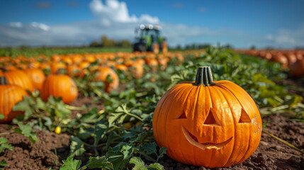 Carved Halloween pumpkin field under clear, symbolizing festive spirit traditions autumn Halloween