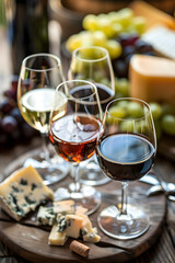 Naklejka premium Serving wine in glasses with grapes and gourmet cheese. Bordeaux&nbsp;Wine&nbsp;Festival. Glasses with white, rose, red wine and cheese platter on rustic backdrop. Drink for party, wine shop or wine tasting