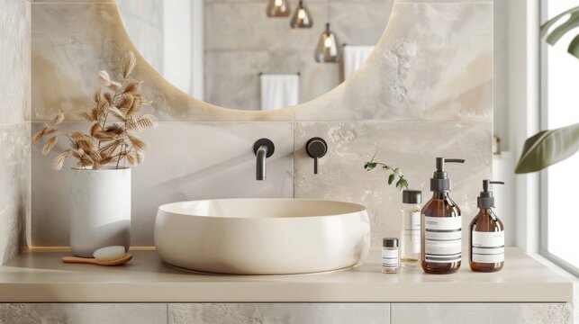 A white, round bathroom sink with black faucets and bottles of soap sits on a countertop, with plants and a wooden comb in front.