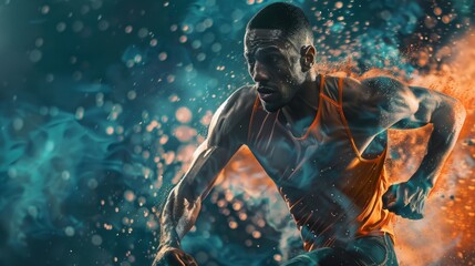 Fototapeta premium A determined athlete runs with passion and power, surrounded by a burst of colorful energy.