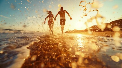 A lovely couple walking on sandy beach with sea water at sunset