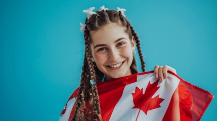 Young female displaying national pride with a Canadian flag on a blue background
