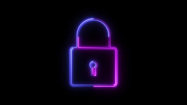 Abstract neon shine lock icon animation with black background.