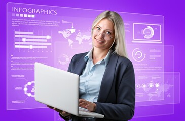 Photo collage of young woman browsing infographic presentation