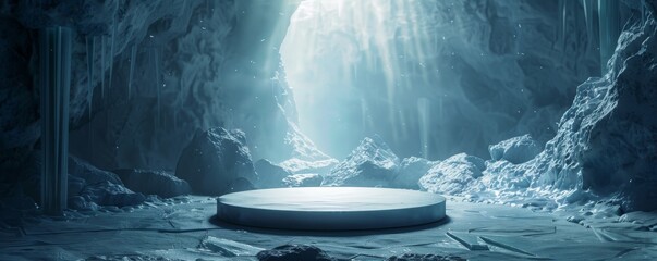 Dynamic mockup featuring a central podium in a mystical ice cave with light rays