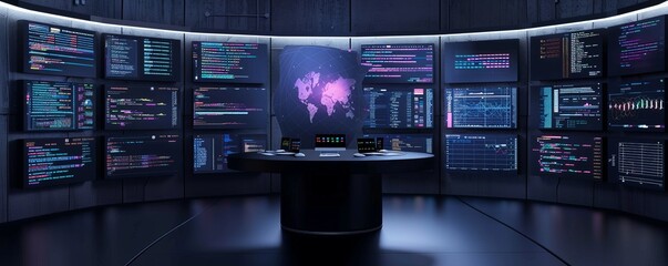 Futuristic data center with multiple screens and central podium for advanced technology management