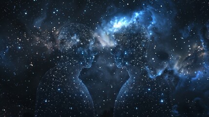 Gemini twins visualized as mirror images in a starry cosmic backdrop