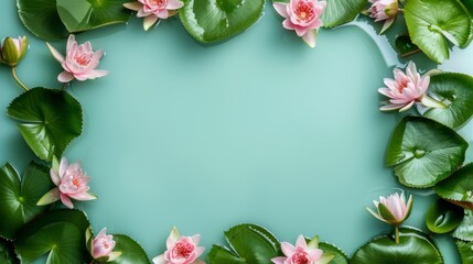 Beautiful water lily flowers and green lily pads arranged in a frame on turquoise background