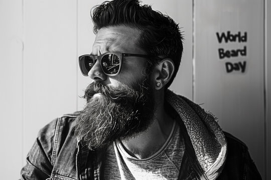 World Beard Day advertisement. Man with sunglasses and beard. Modern look and grooming.