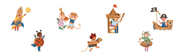 Happy Children in Homemade Cardboard Costume Playing and Having Fun Vector Set