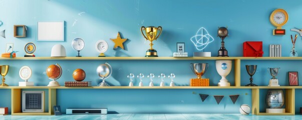 Wide view of colorful back-to-school mockup with various trophies and sports equipment on a blue wall