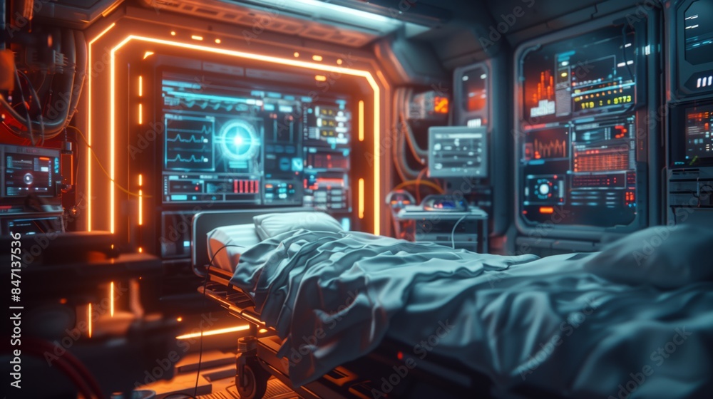 Aufkleber a futuristic icu room with a patient in a hospital bed, featuring advanced holographic monitoring sy