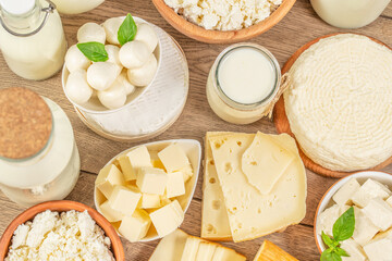Assortment of dairy products on table, top view