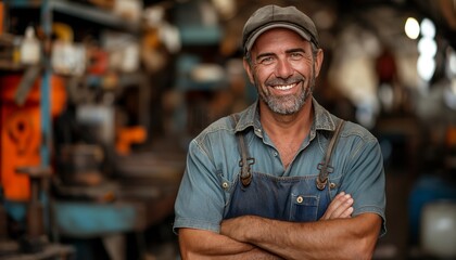 Happy mechanic with crossed arms in garage