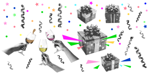 Set of contemporary cut out elements of halftone collage. Concept Festive Celebration With Wine and Gifts During Party. Hands Toasting Wine Glasses and Gifts. Ready to use elements for your design