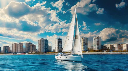 a sailing yacht cruising on the Black Sea against the backdrop of a city beach, modern buildings, a...