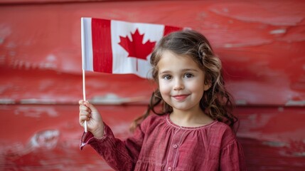 Innocent girl waving a Canadian flag, candid photo with an empty red and white background