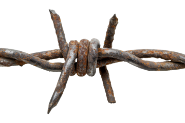 Close-up of rusty barbed wire. Transparent background