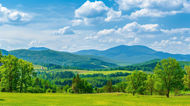 picturesque landscape of green hills and blue mountains under bright sky with fluffy clouds