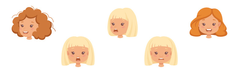 Little Girl Character Face with Short Haircut Emotion Vector Set