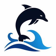 Obraz premium Dolphin over a wave engraving vector silhouette an white background