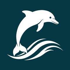 Dolphin over a wave engraving vector silhouette an white background