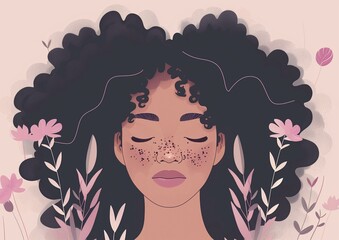 Peaceful Woman with Curly Afro Hair Surrounded by Flowers Illustration