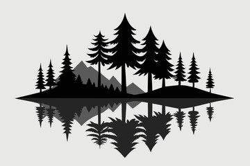 Reflection in water, pine tree forest vector silhouette